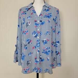 Roz & Ali M Stripe Floral 3/4 Tie Sleeve Collared 6 Button Closure Blouse Top
